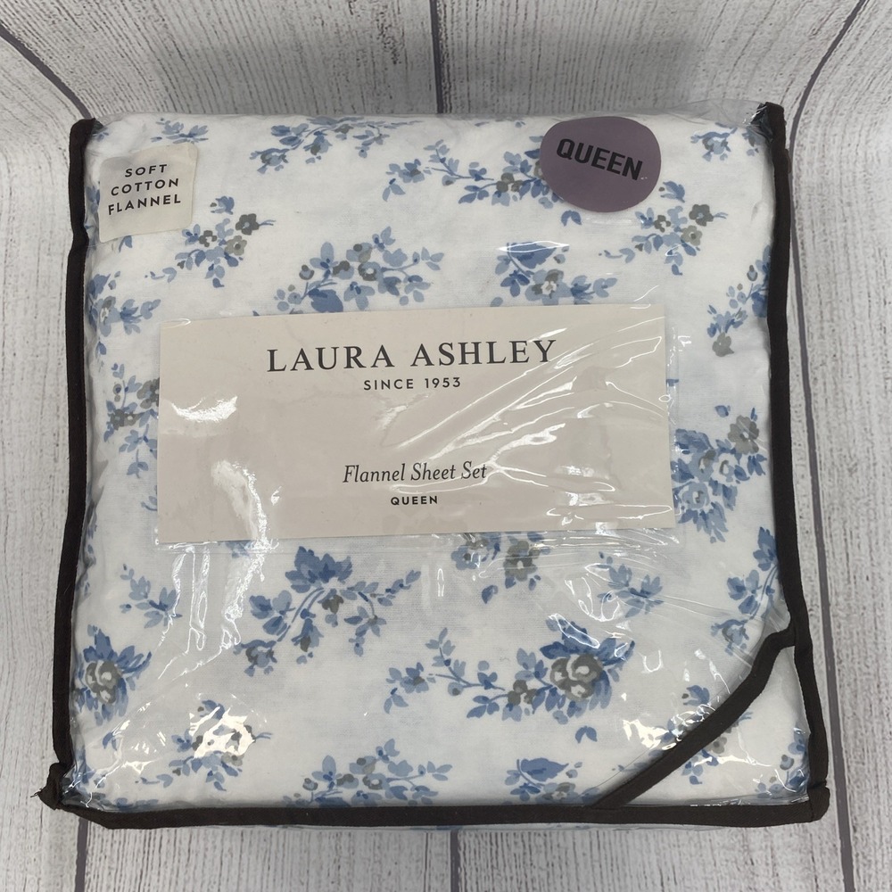 Laura Ashley Sheet Set QUEEN Audrey Flannel White Blue Gray Floral 100% Cotton